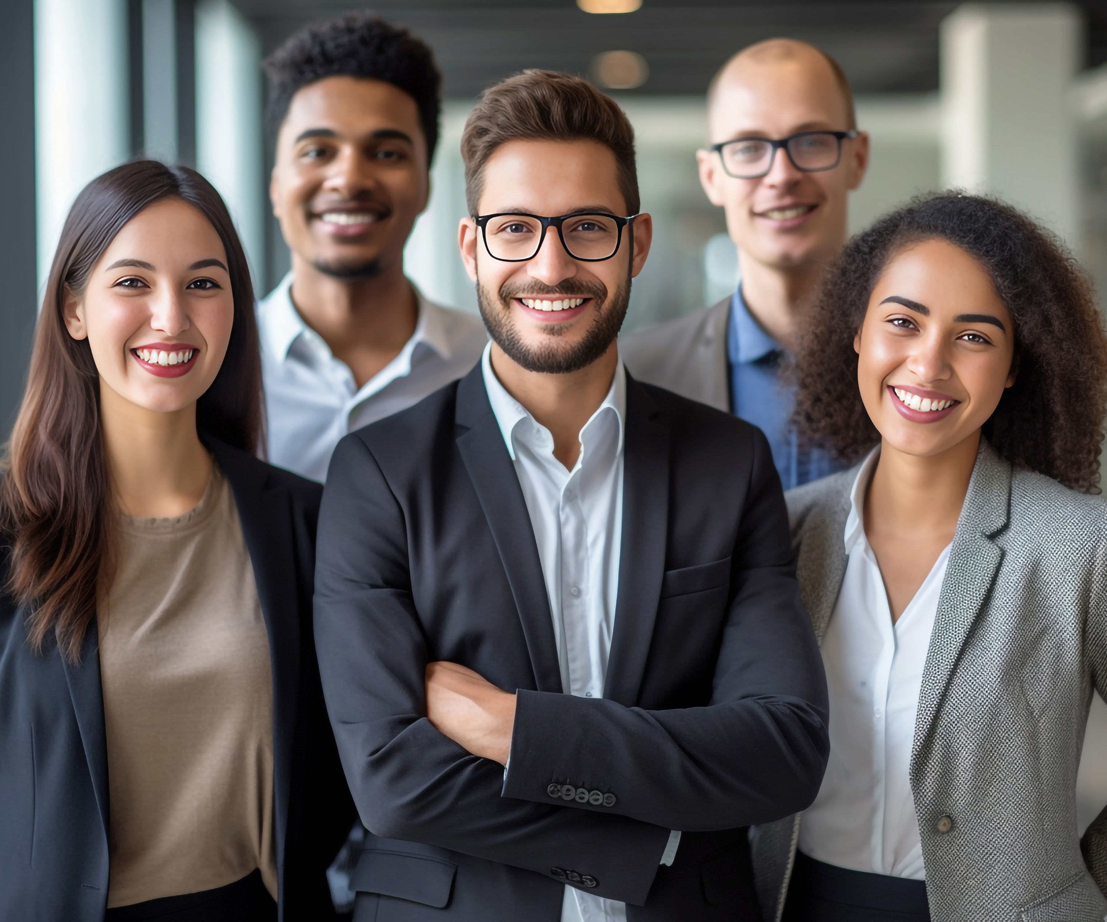 Embodying professionalism and confidence, black and white individuals strike powerful poses, symbolizing the strength and synergy of a dynamic corporate team. generative AI.