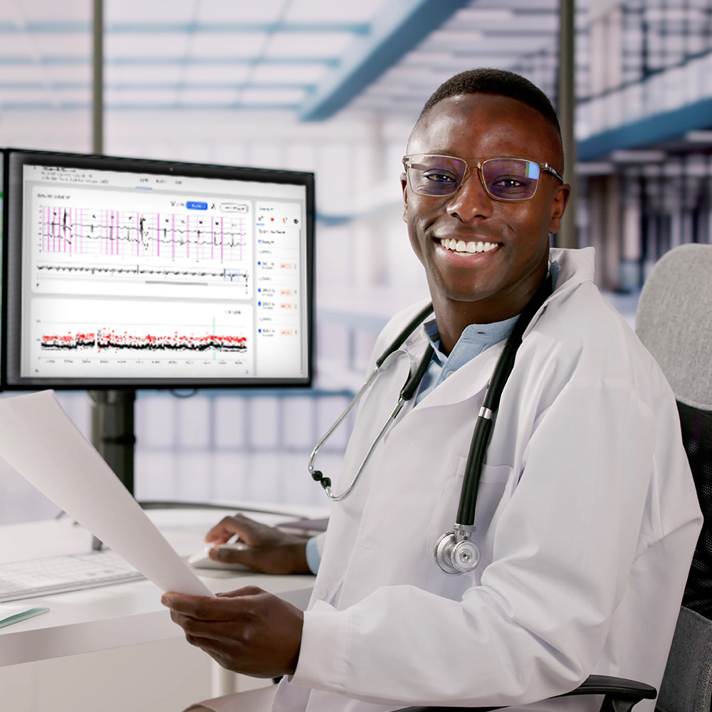 Doctor with monitors behind him.